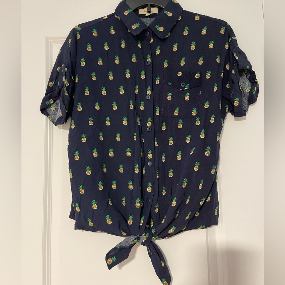 Love Notes Dark Blue Pineapple Print Button- down Shirt, size M